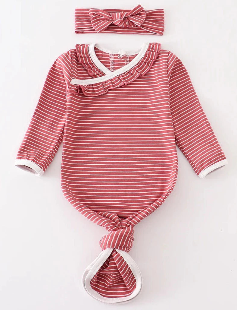 RUST STRIPED RUFFLE GOWN SET