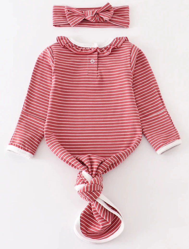 RUST STRIPED RUFFLE GOWN SET