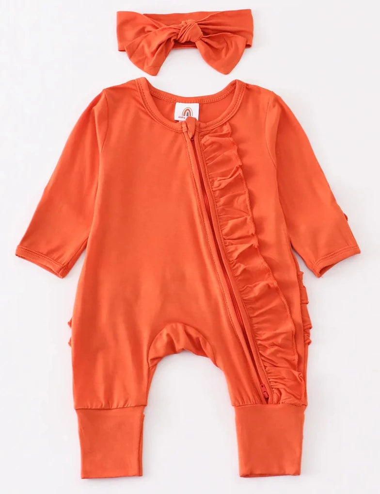ORANGE RUFFLE BAMBOO ROMPER SET