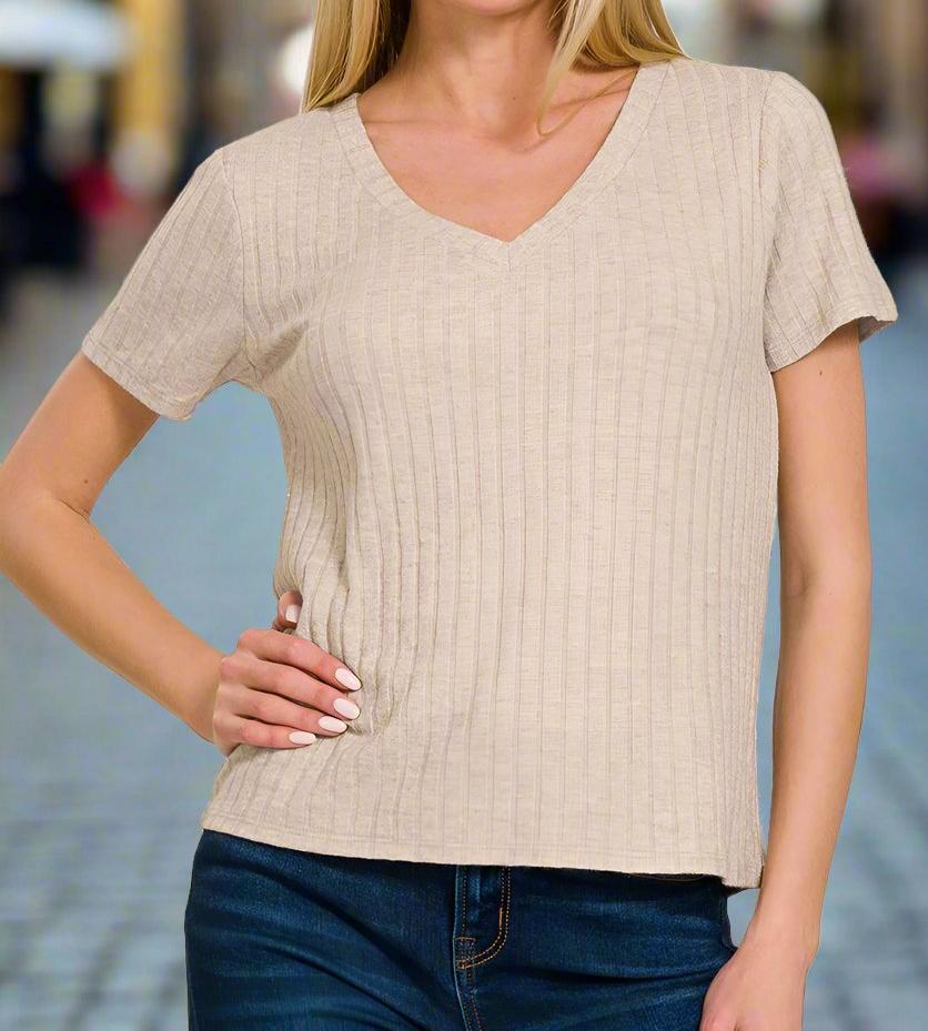 MOCHA RIBBED V-NECK TOP - S