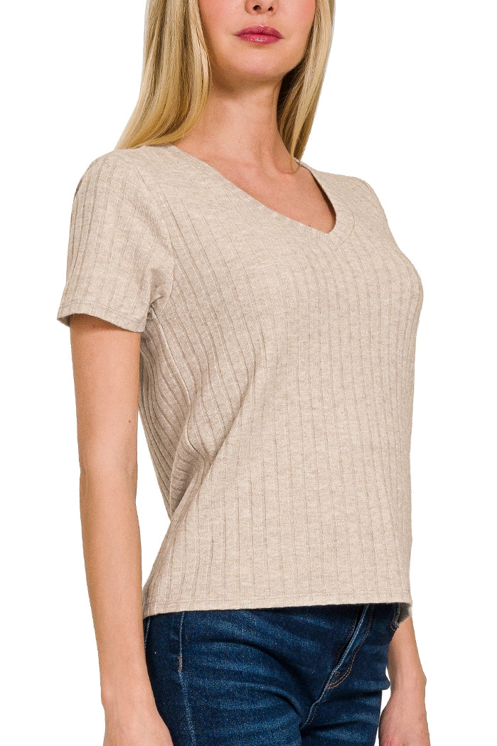 MOCHA RIBBED V-NECK TOP - S
