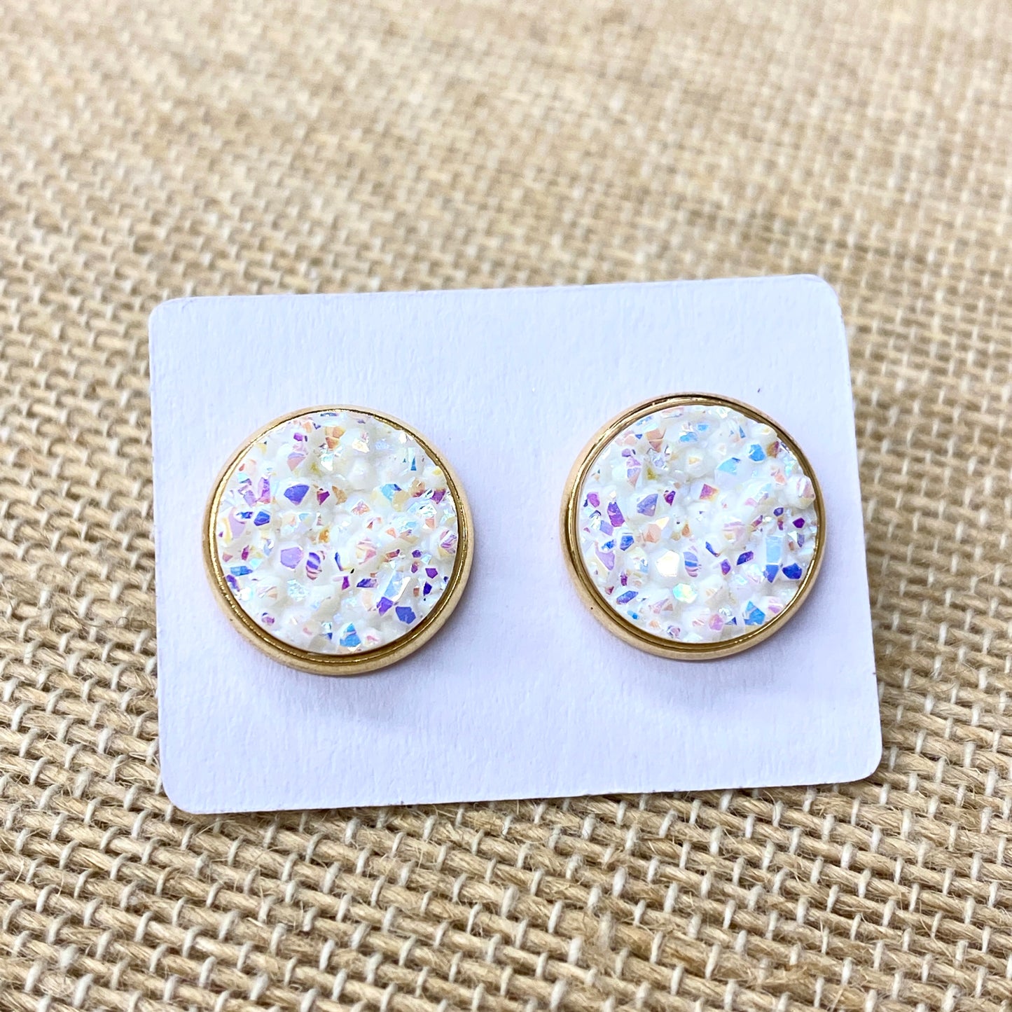 WHITE IRIDESCENT STUDS- GOLD BASE