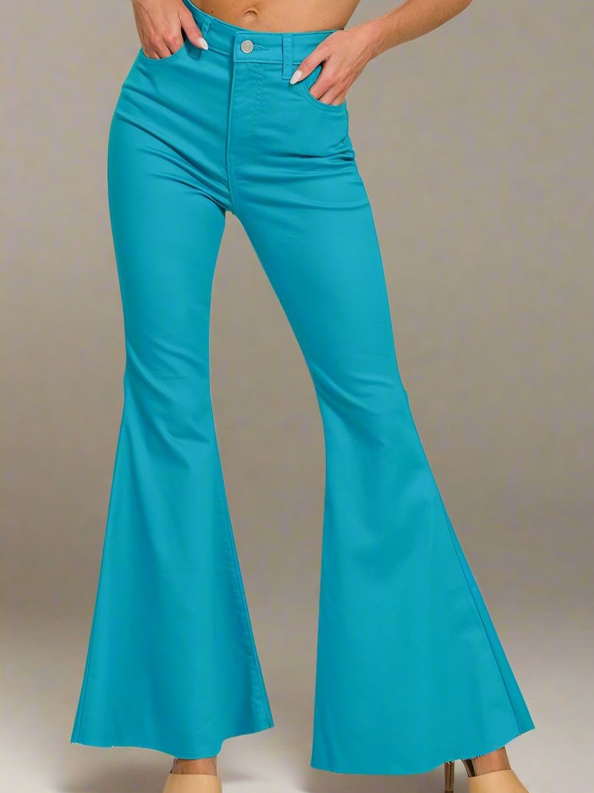 LIGHT TEAL HIGH RISE SUPER FLARE DENIM PANTS