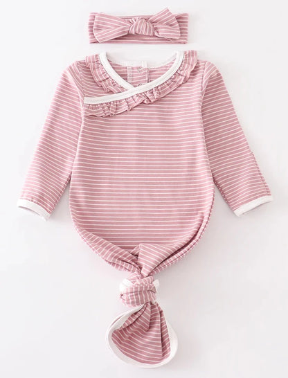 PINK STRIPED RUFFLE GOWN SET