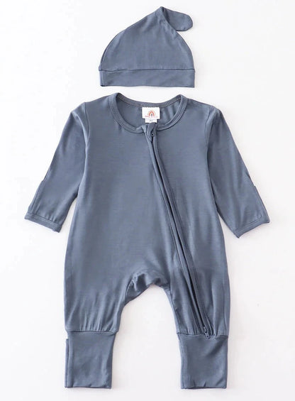 NAVY BAMBOO ZIP-UP BABY ROMPER SET