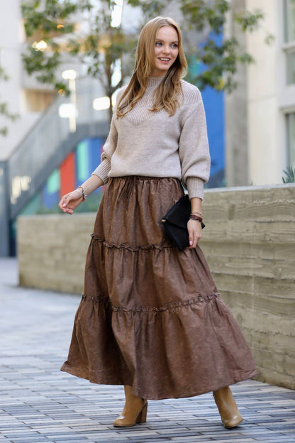 BROWN VINTAGE WASHED TIERED SKIRT