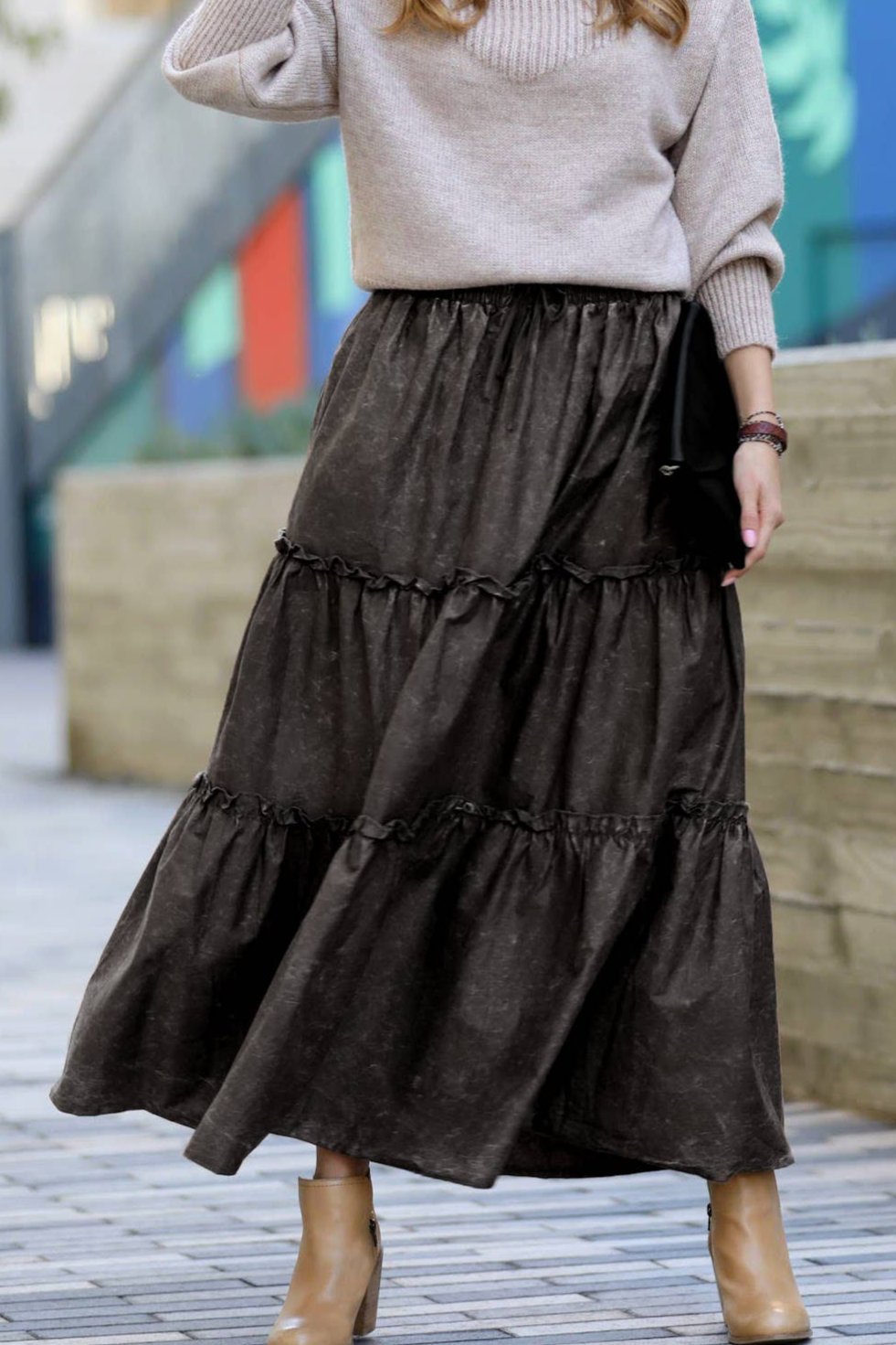 ASH BLACK VINTAGE WASHED TIERED SKIRT