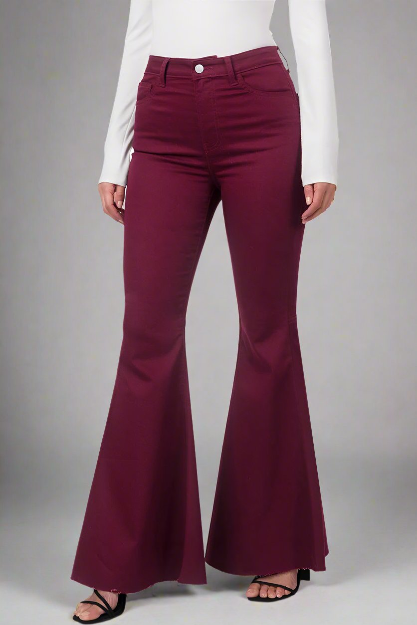 DARK BURGUNDY HIGH RISE SUPER FLARE DENIM PANTS