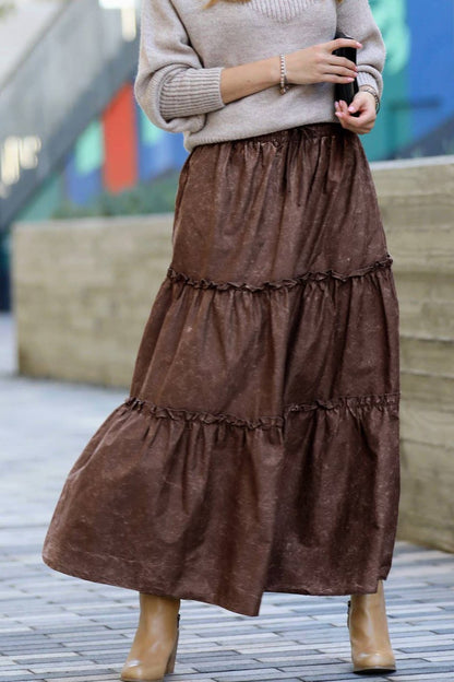 BROWN VINTAGE WASHED TIERED SKIRT