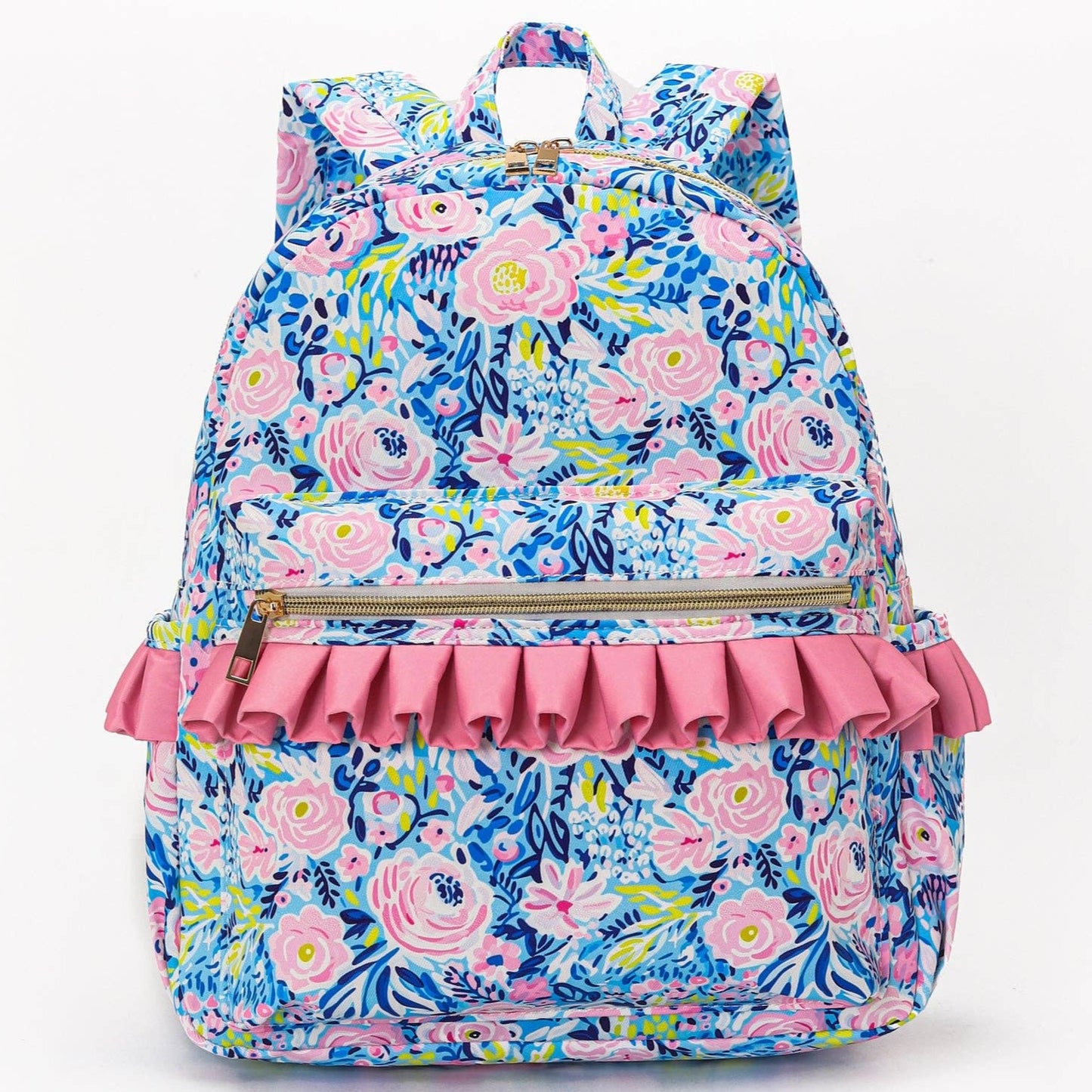 BLUE/PINK FLORAL RUFFLE BACKPACK