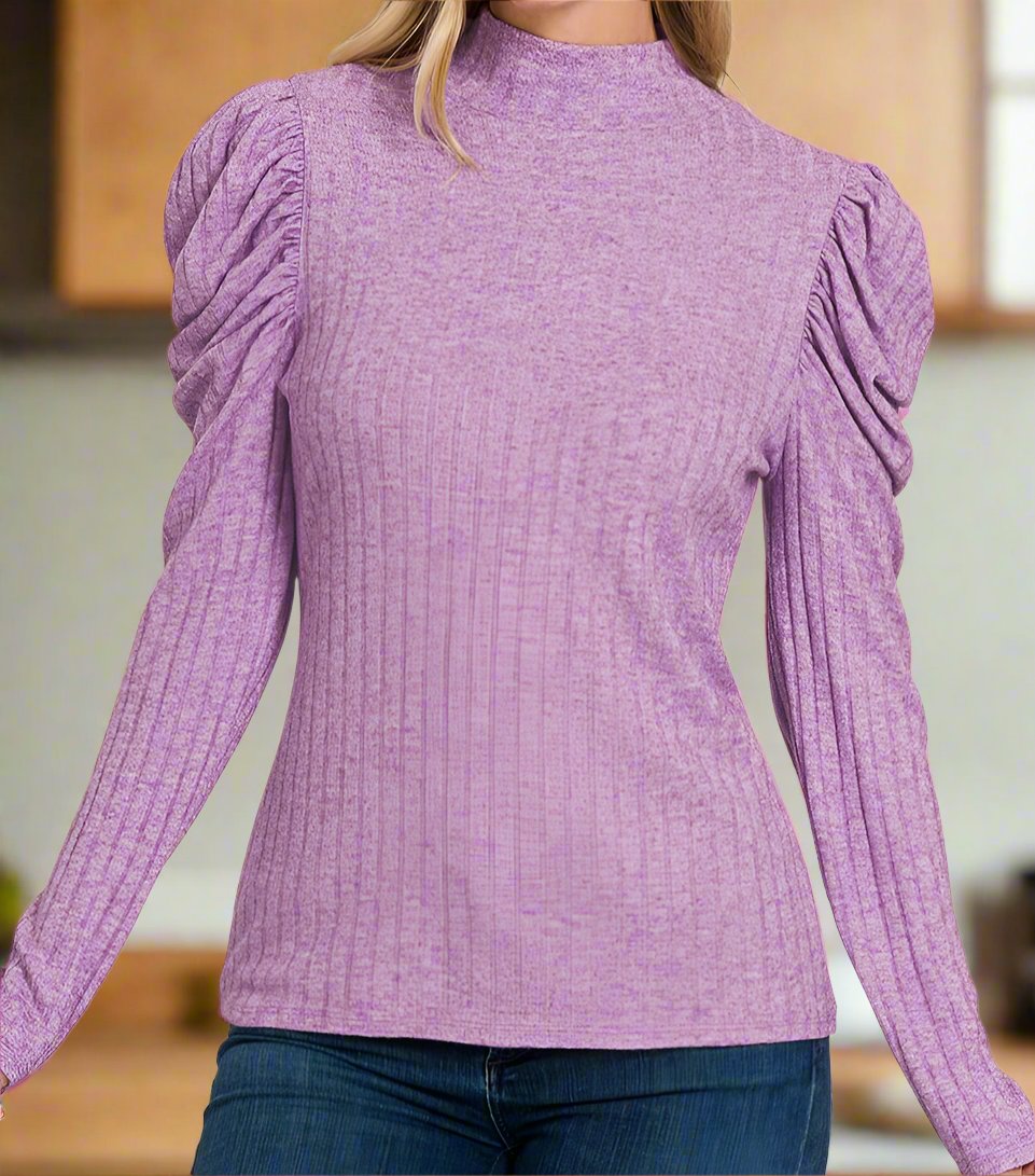 VIOLET RIBBED PUFF MOCK NECK TOP