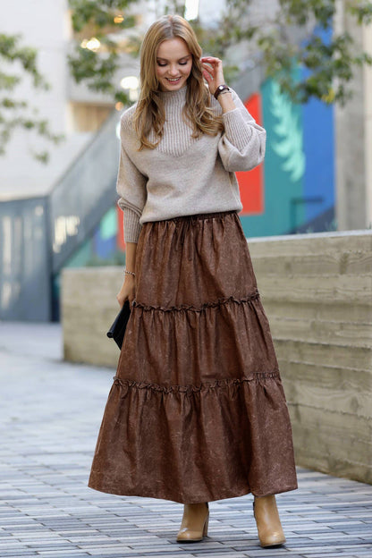 BROWN VINTAGE WASHED TIERED SKIRT