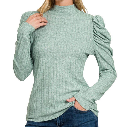 HUNTER GREEN RIBBED PUFF MOCK NECK TOP