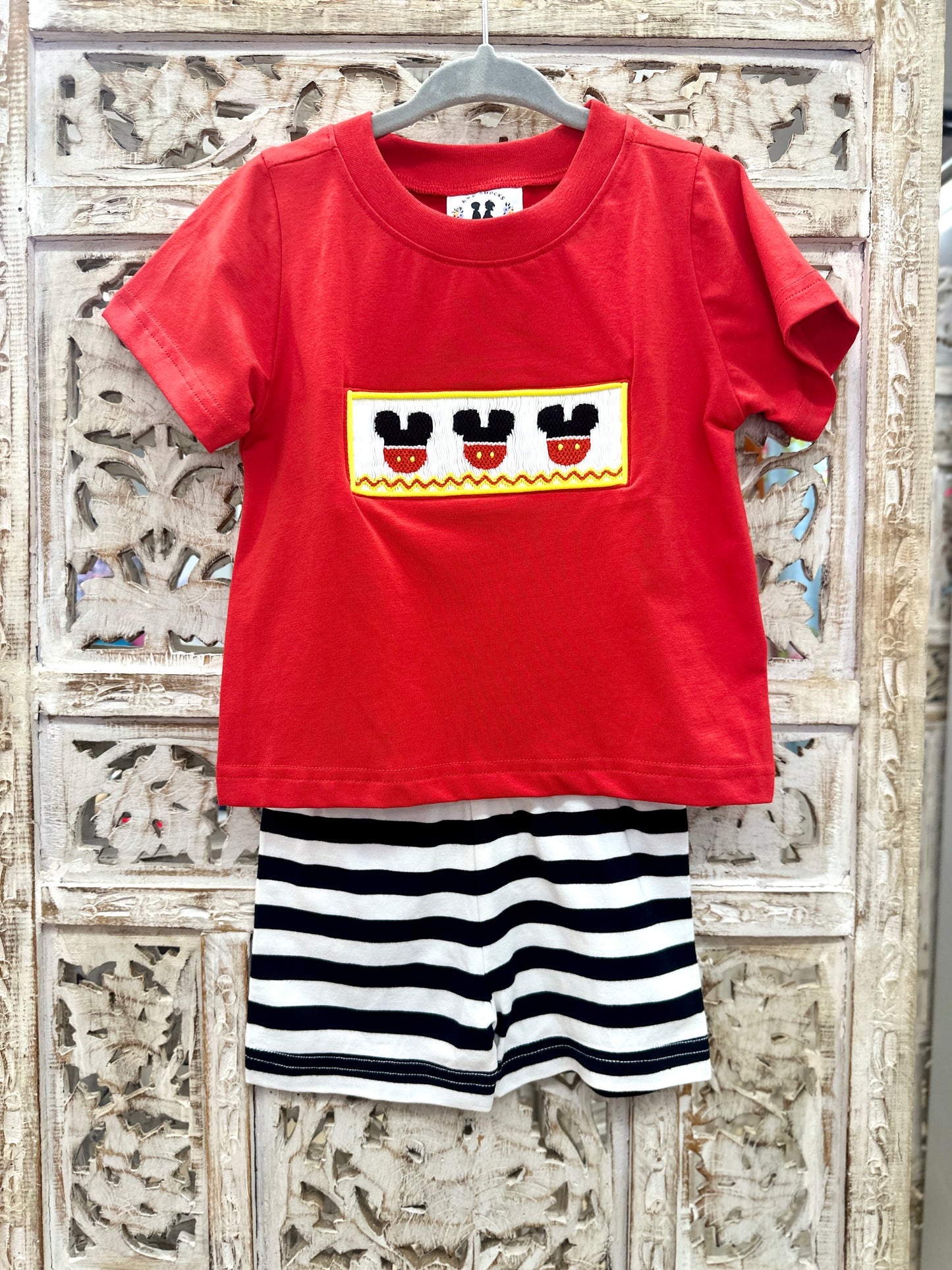 SMOCKED RED MOUSE SHORTS SET