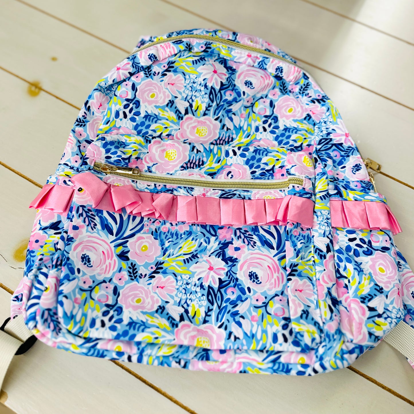 BLUE/PINK FLORAL RUFFLE BACKPACK