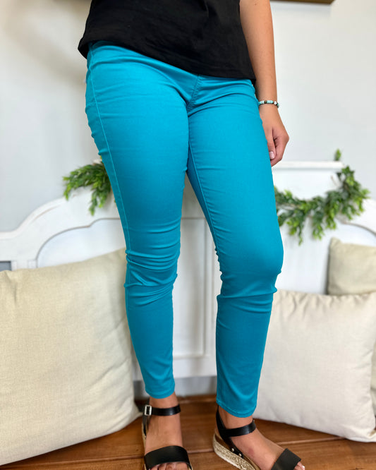 LIGHT TEAL HIGH RISE SKINNY DENIM PANTS