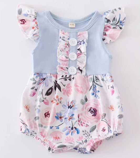 BABY BLUE RUFFLE FLORAL BUBBLE - 3M