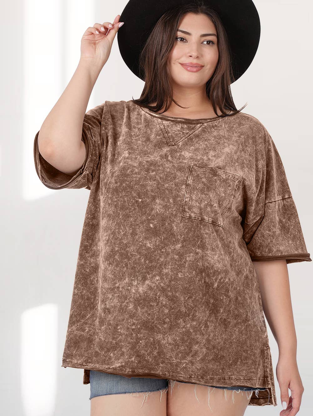 RUST BROWN ACID WASH POCKET TOP - PLUS