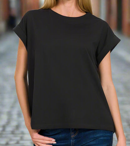 BLACK FOLDED SLEEVE TEE