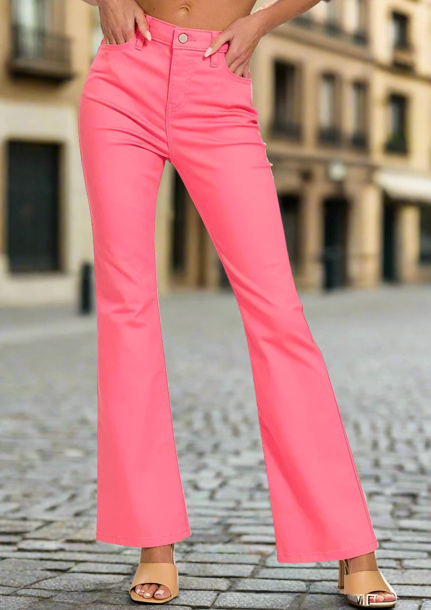 CREAM FUSCHIA HISE RISE BOOTCUT DENIM PANTS