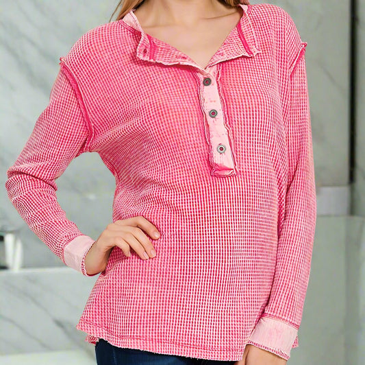 FUSCHIA WASHED BABY WAFFLE HENLEY SHIRT - SMALL