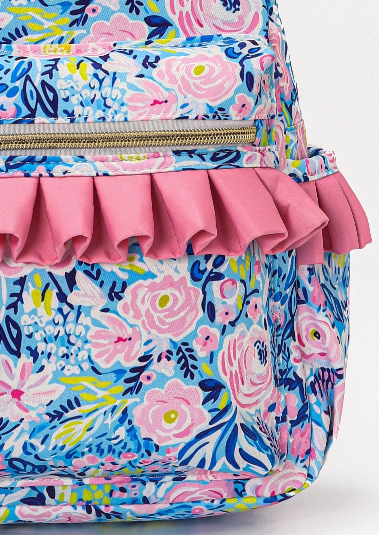 BLUE/PINK FLORAL RUFFLE BACKPACK